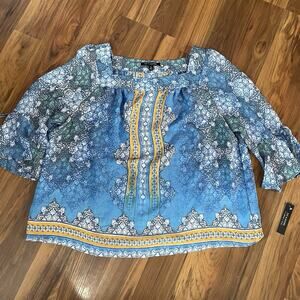 NWT Zac & Rachel Women’s XL 3/4 Bell Sleeve Geometric Print Boho Tunic Top Blue